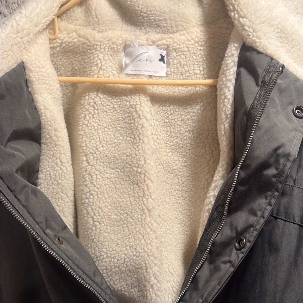 OAK + FORT WOMENS small gray Jacket with Cream Sherpa Collar - Picture 4 of 9